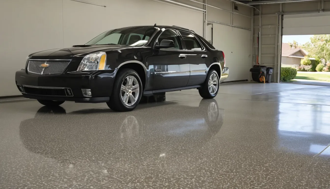 A freshly coated gray flake epoxy floor in a clean two-car garage near DISH