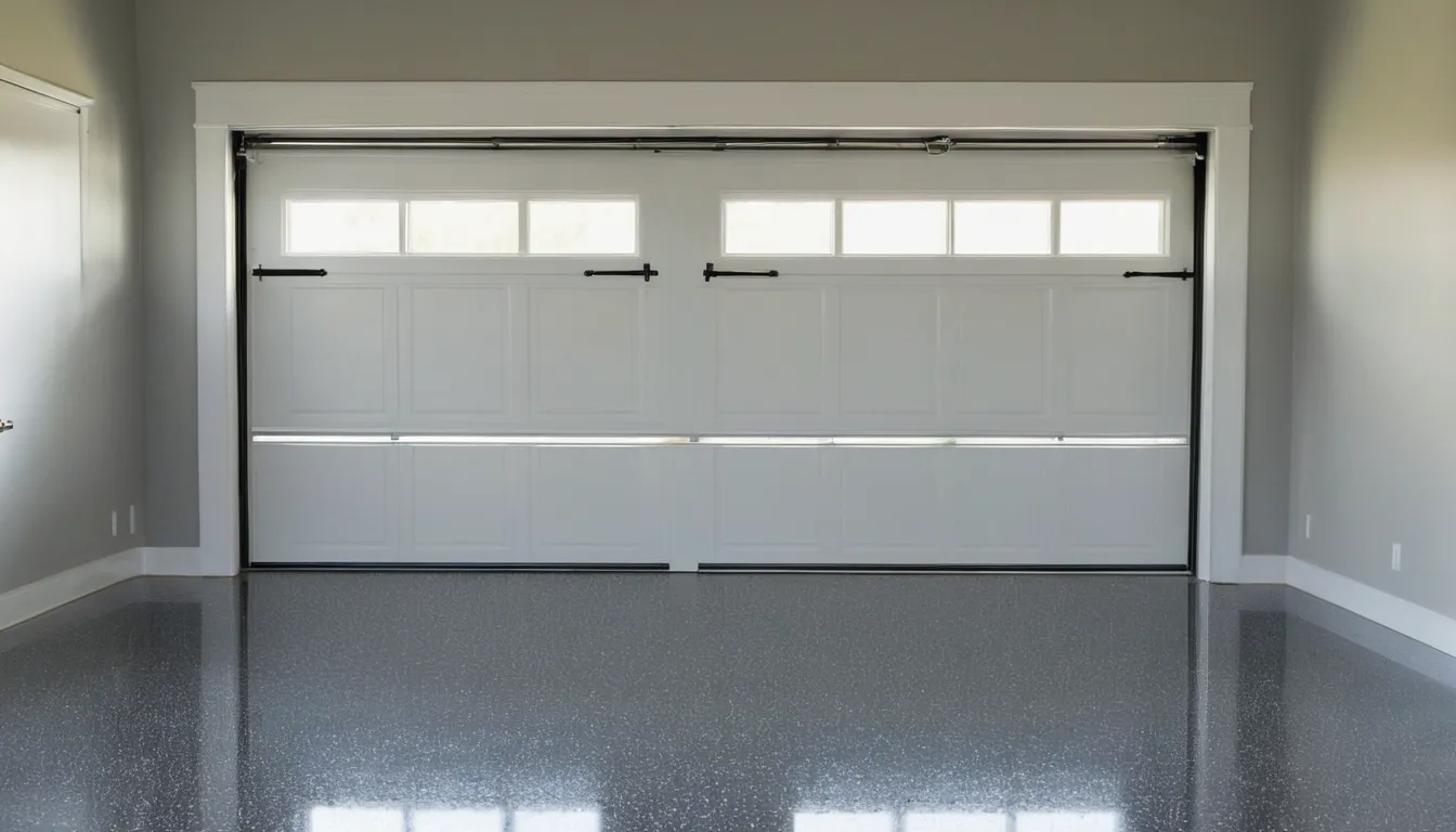 A clean, glossy epoxy garage floor in a home near DISH