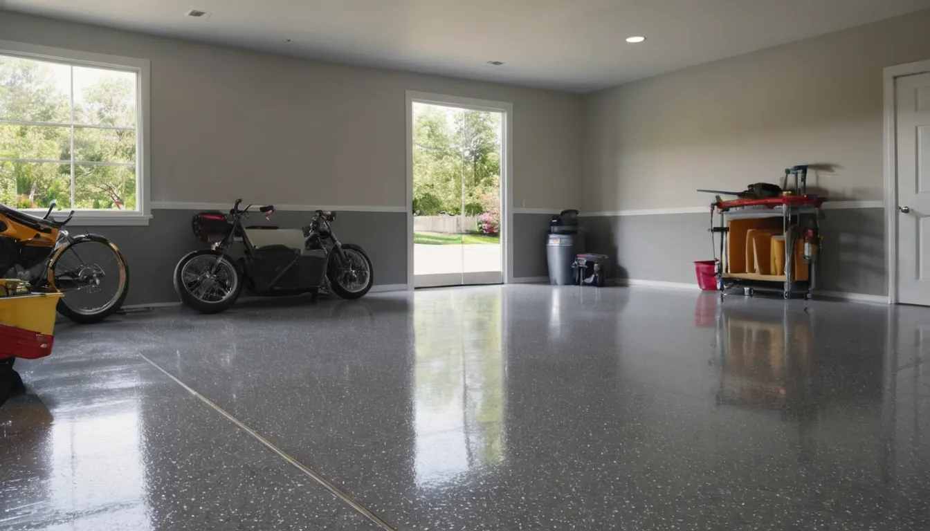 A freshly coated polyaspartic garage floor with gray and tan flakes in a home near DISH